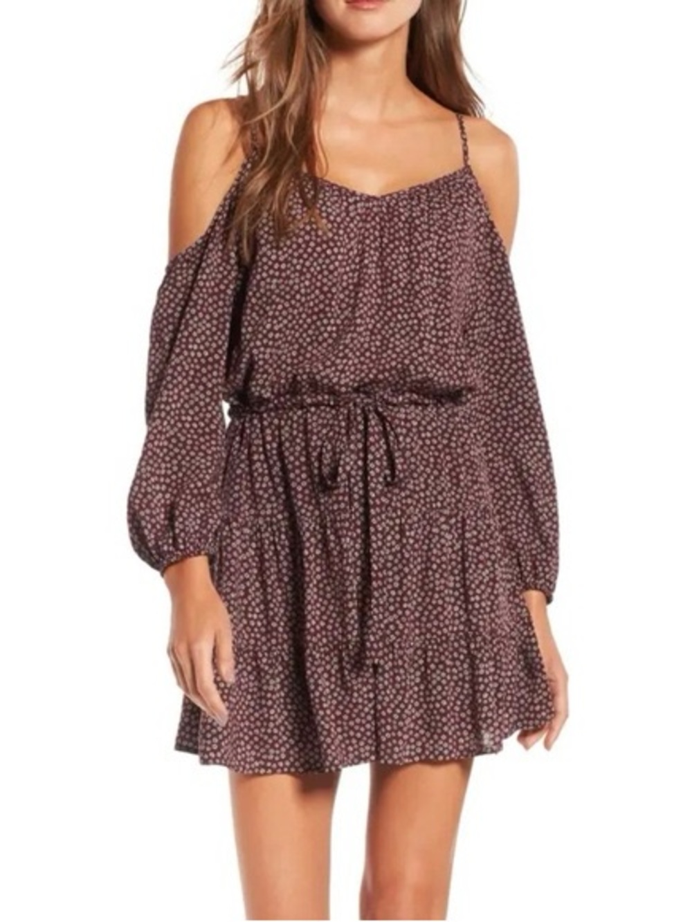 Paige of shoulder Long Sleeve Floral Mini Dress in dark purple